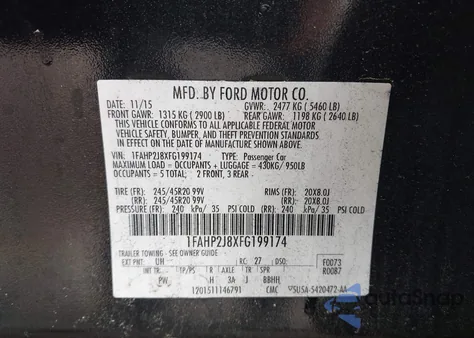 2015 Ford Taurus Limited from USA, damaged, VIN 1FAHP2J8XFG199174